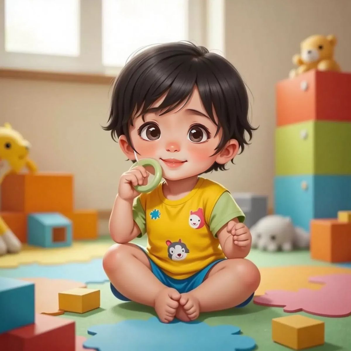 Mia chewing on a colorful teething ring, looking content. A soft play area with toys around.