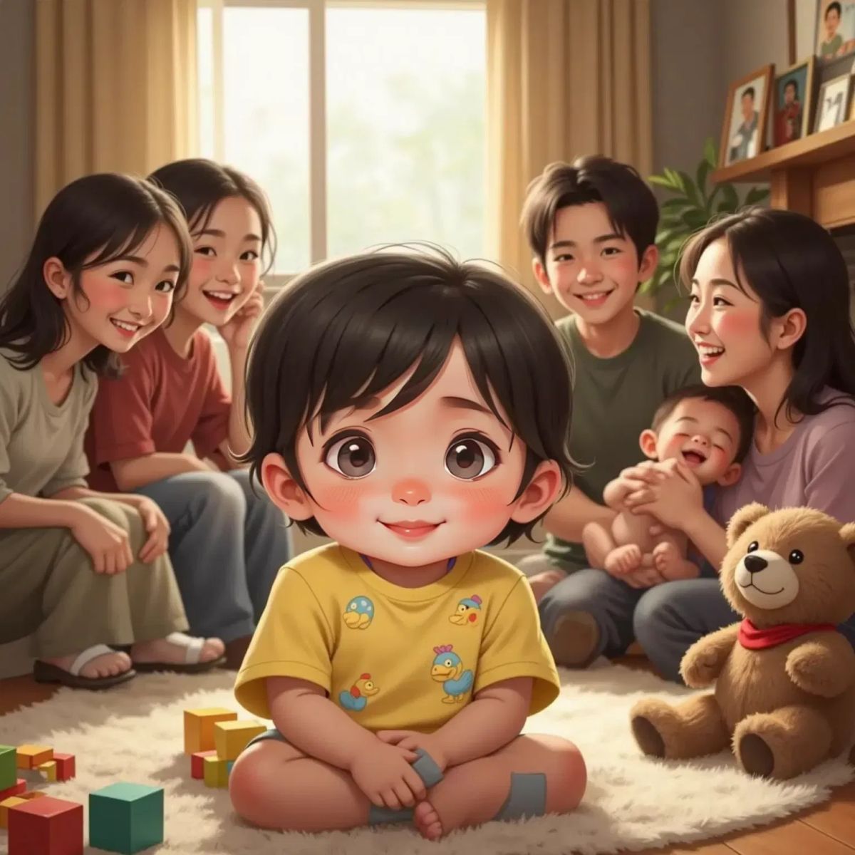 Mia's bright smile showing new teeth, surrounded by smiling family members. A warm family room setting.