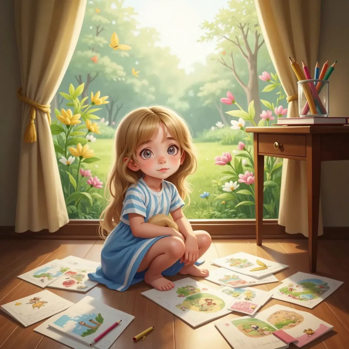 Camille sitting by a window, sunlight highlighting her blonde hair, with drawings scattered around her