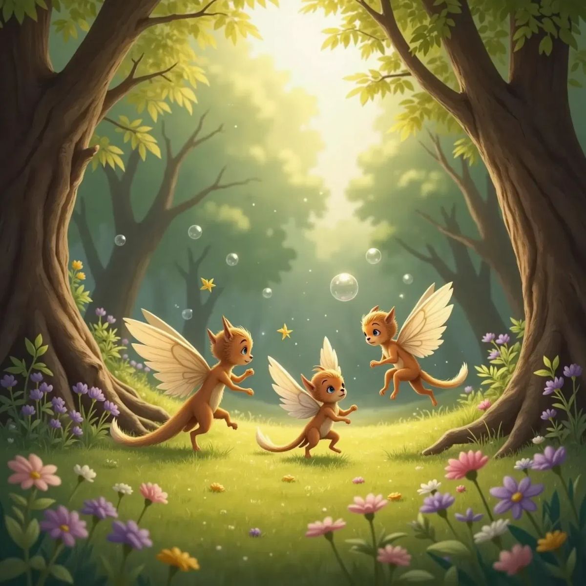 A clearing filled with golden light and floating stardust. Three winged creatures dancing with iridescent bubbles