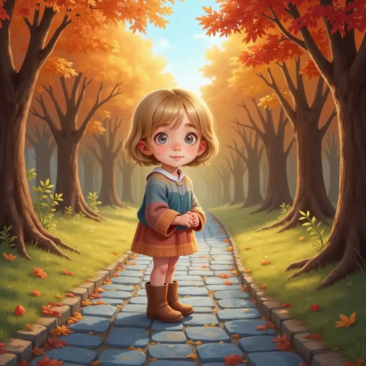 Camille standing on a path of bluish stones, surrounded by an autumn forest, looking curious and brave
