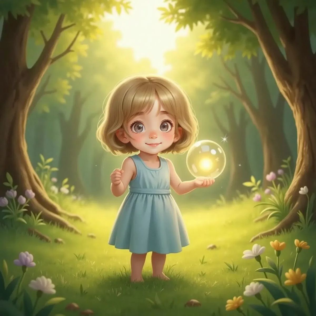 Camille holding a glowing bubble, with a look of wonder on her face, as she stands in a clearing with golden light