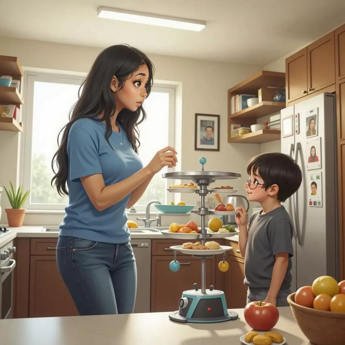 Benji's Mom, a 35-year-old woman, looking surprised as Robot spins with plates on its metal arms. Benji giggling nearby in a kitchen setting.