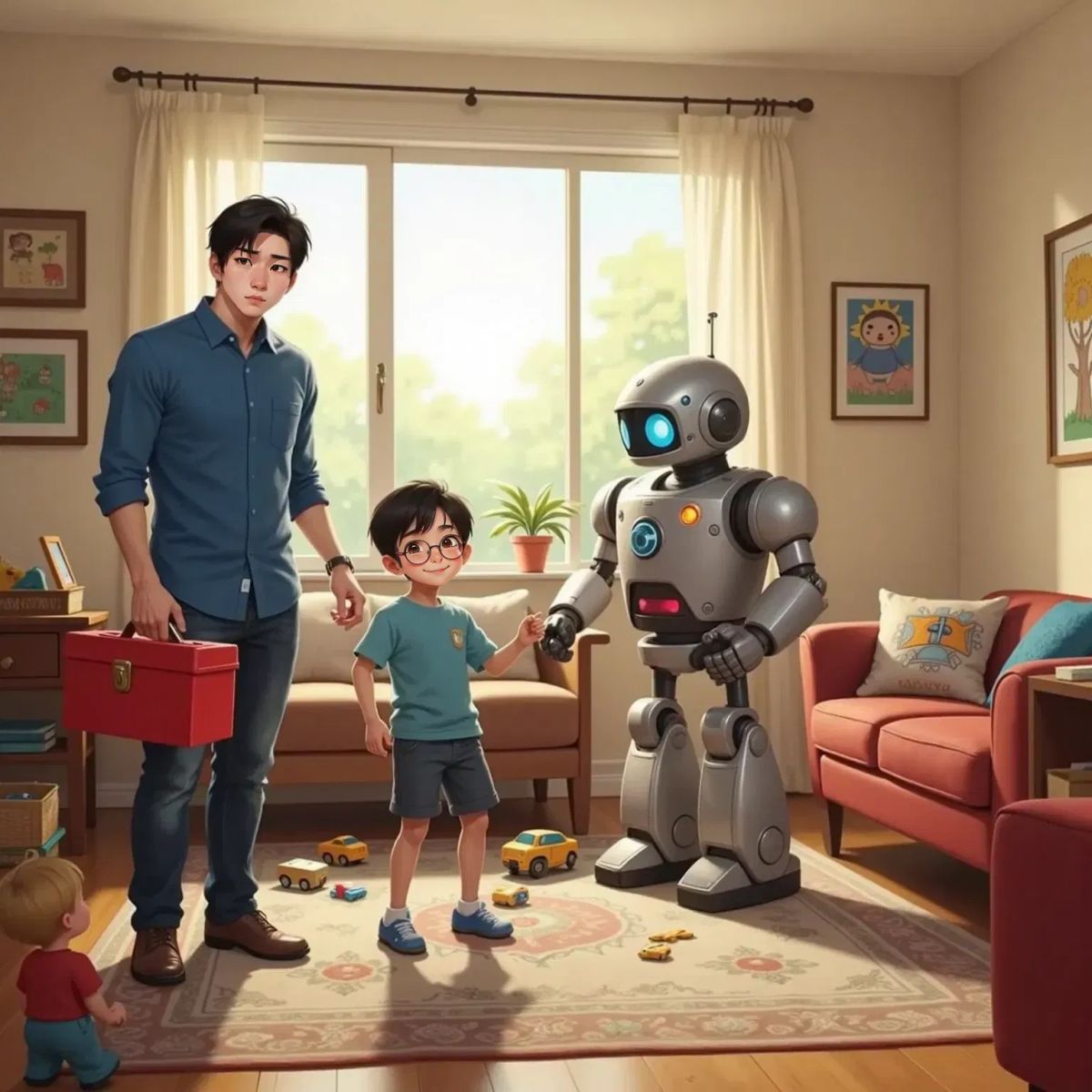 Benji's Dad, a 37-year-old man, holding a toolbox and looking puzzled as Robot plays music and dances. Benji dancing along in a living room.