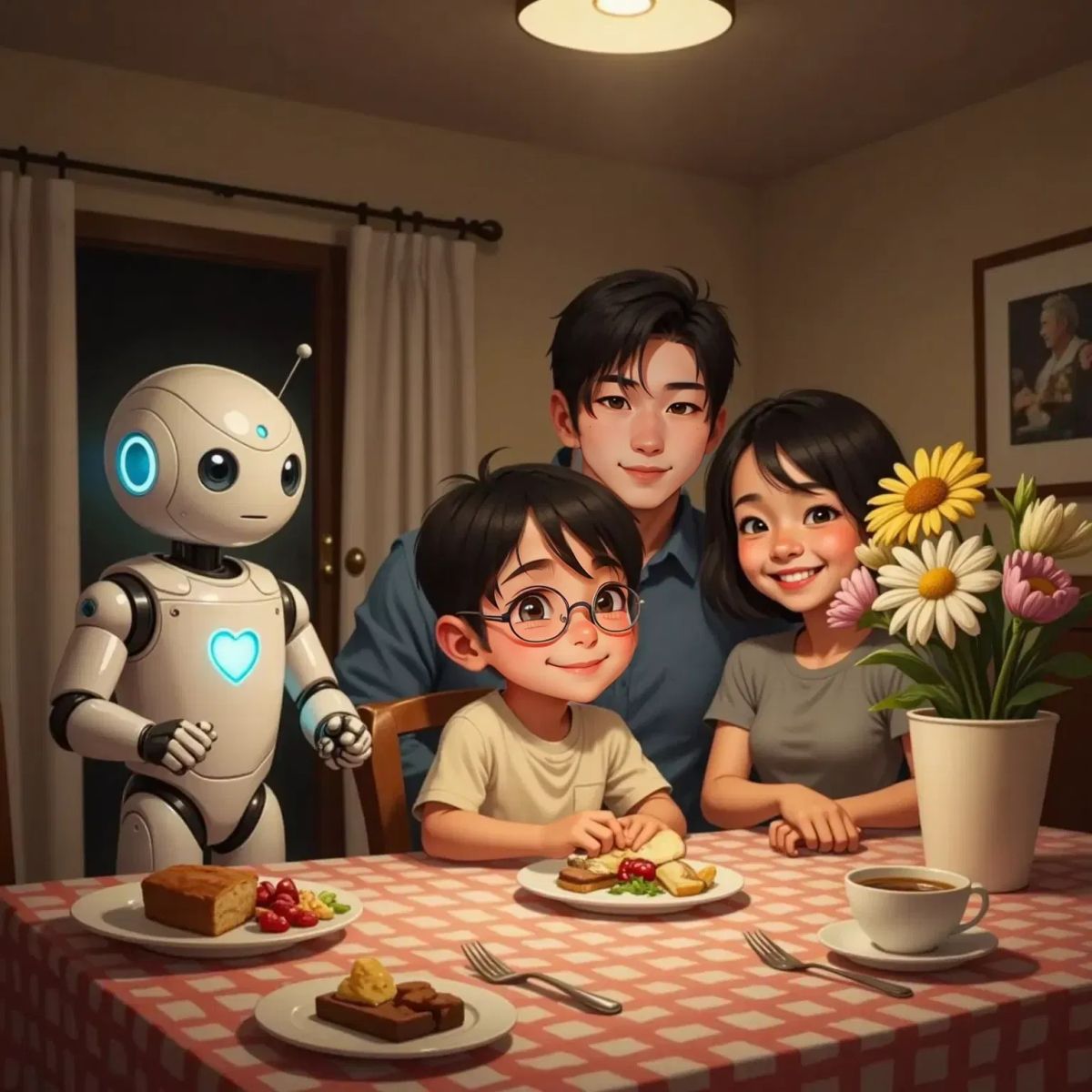 Benji's Dad and Mom smiling at the dinner table as Robot serves dessert with a tiny heart projection. Benji looking hopeful.