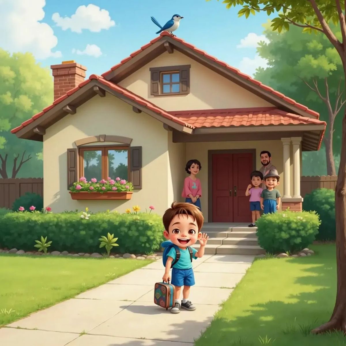 Jack waving goodbye to his family with a packed suitcase by his side, a house in the background