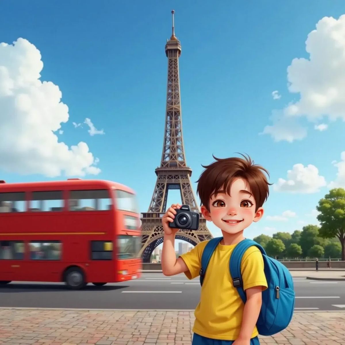 Jack standing in front of the Eiffel Tower, holding a camera, with a red bus passing by