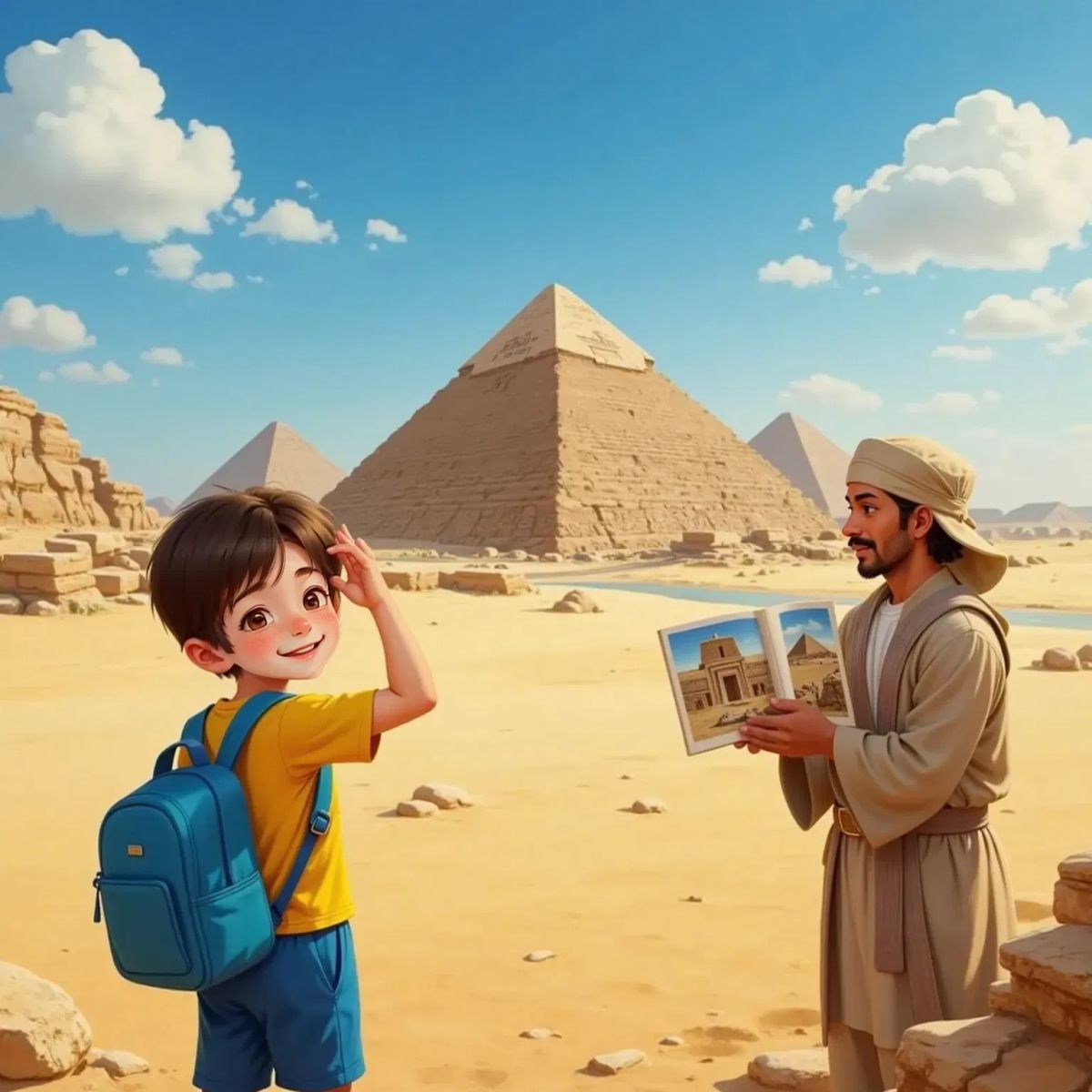 Jack shielding his eyes from the sun, standing in front of the pyramids with a friendly guide showing pictures