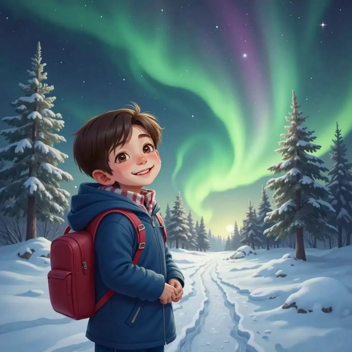 Jack bundled up, smiling at the green and purple Northern Lights in the sky