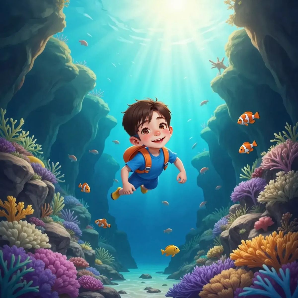 Jack underwater with goggles, surrounded by colorful fish in the Great Barrier Reef