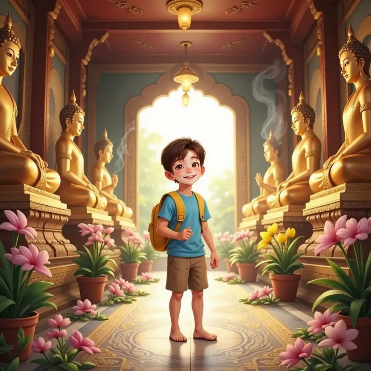 Jack barefoot in a bright Thai temple, surrounded by gold statues and pretty flowers