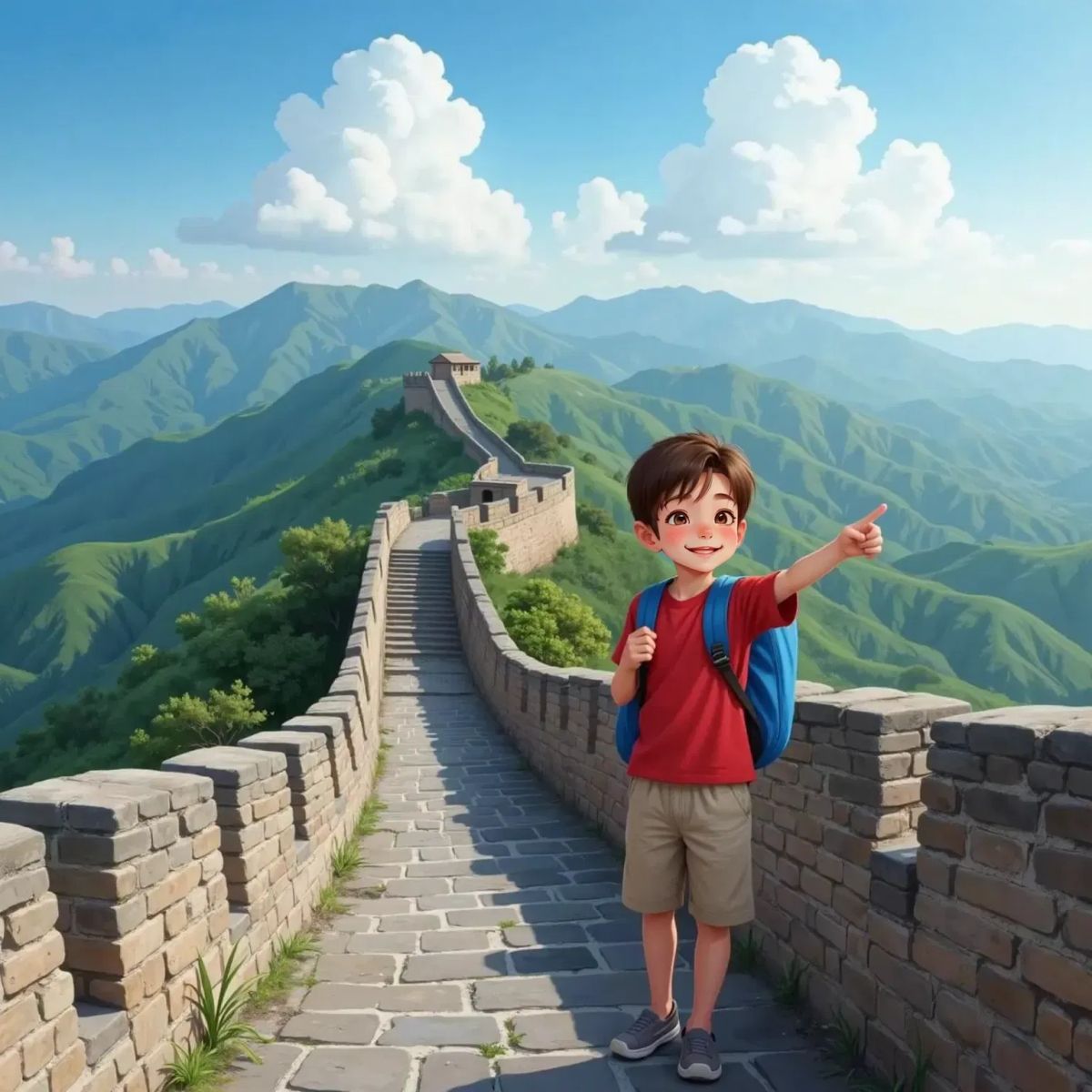 Jack climbing the Great Wall of China, looking at the distant rolling hills