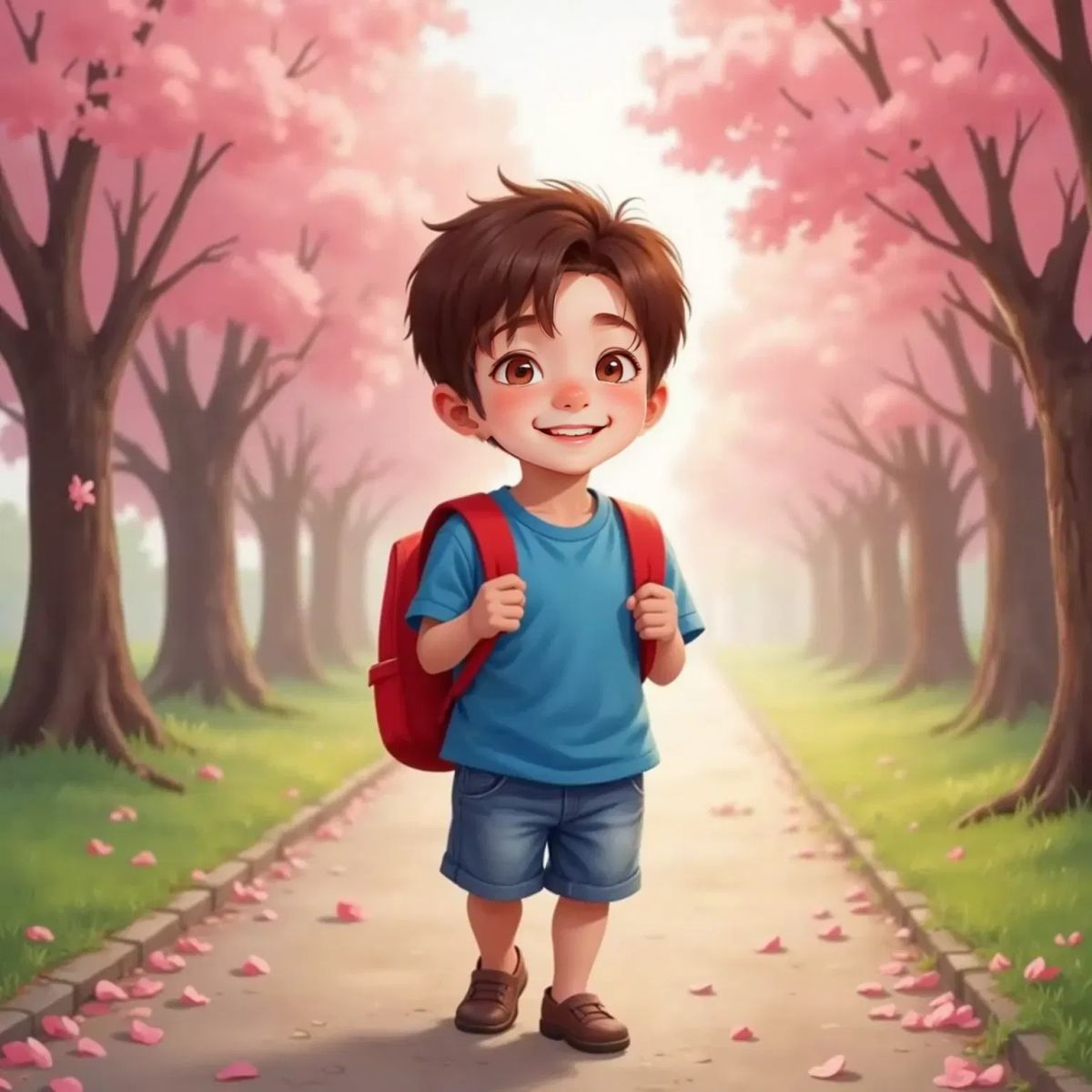 Jack walking under pink cherry blossom trees, petals floating around him