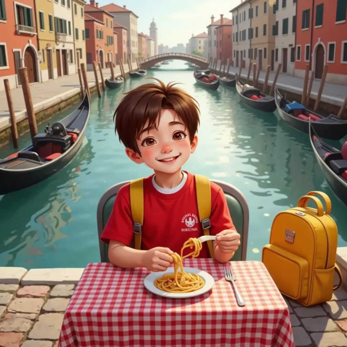 Jack spinning spaghetti onto his fork, with gondolas on blue water behind him in Venice