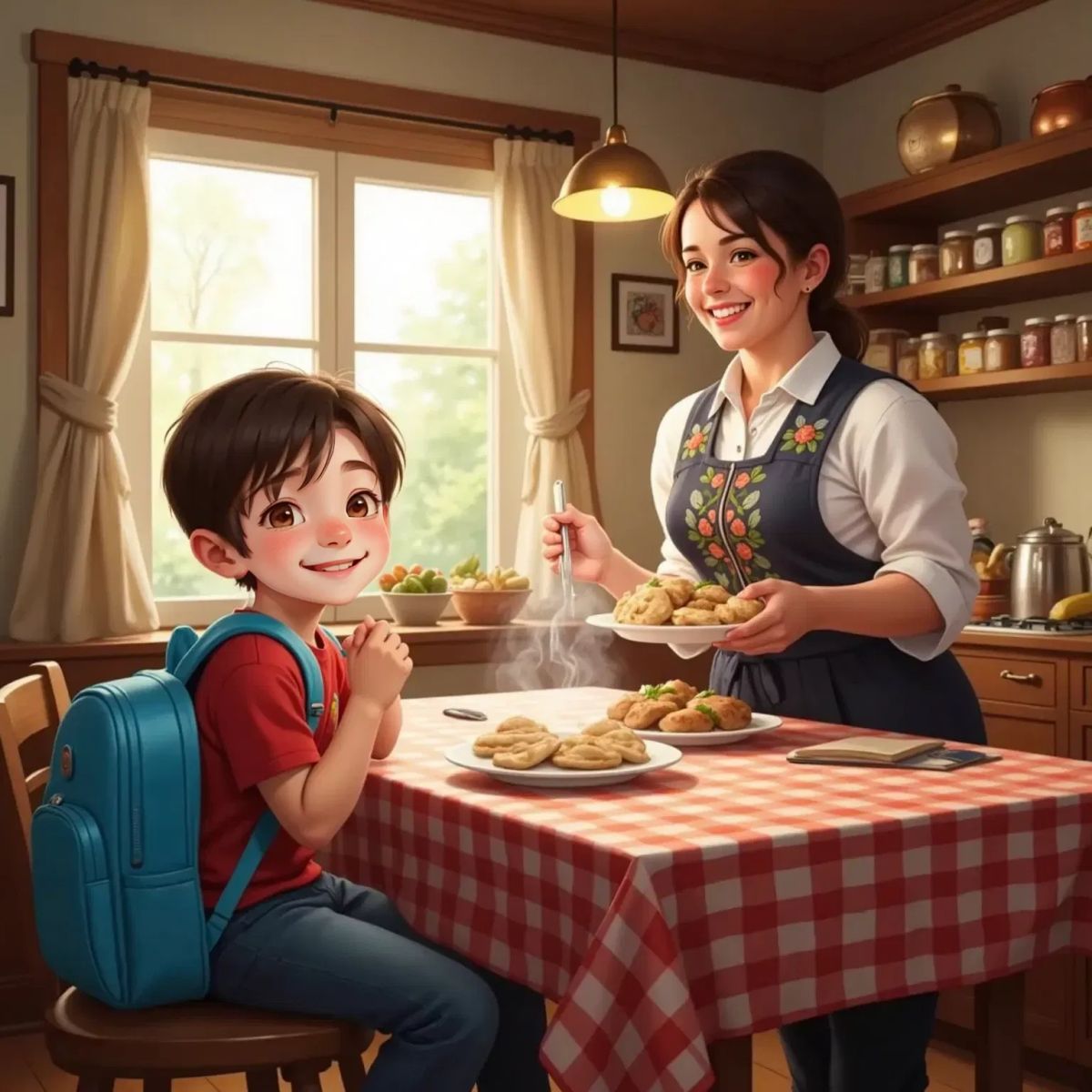 Jack eating pierogi, smiling at a cook in Poland