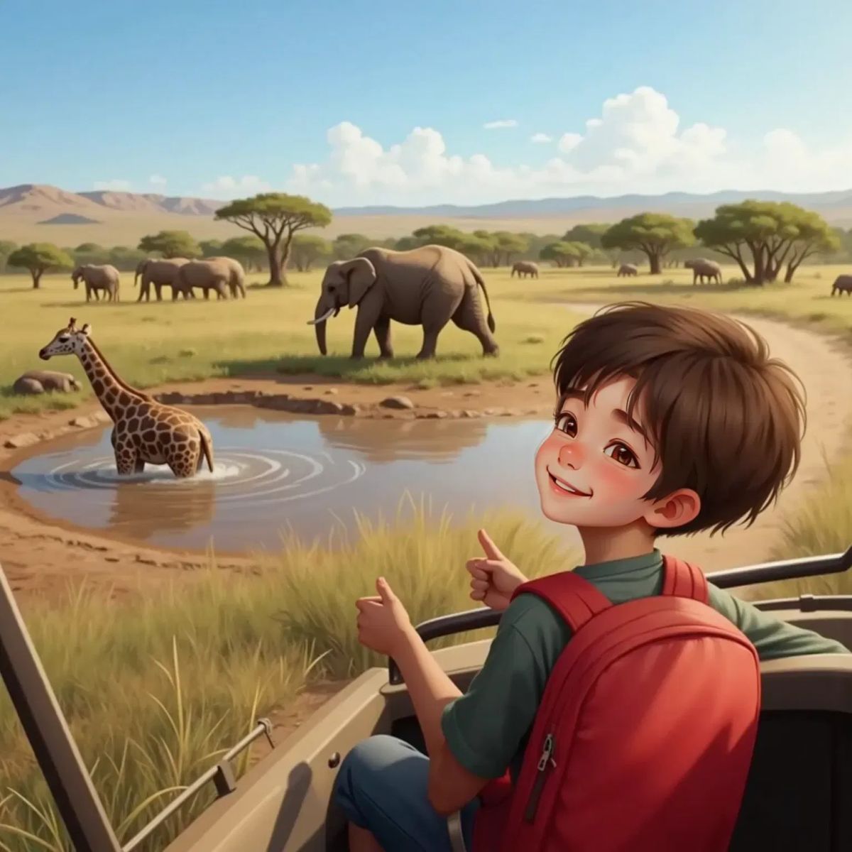 Jack in a safari jeep, excitedly pointing at giraffes and elephants in Kenya