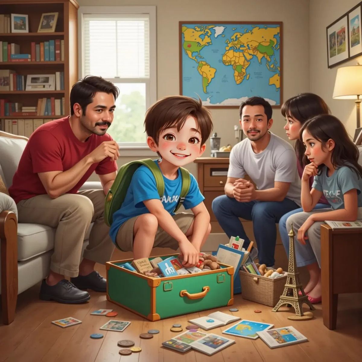 Jack at home with a suitcase full of souvenirs, sharing stories with his family