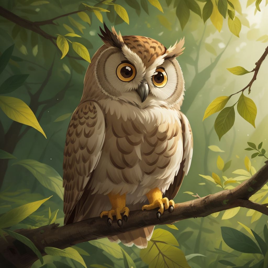 Hoot the Owl with large, knowing eyes, perched on a branch in a secret clearing.
