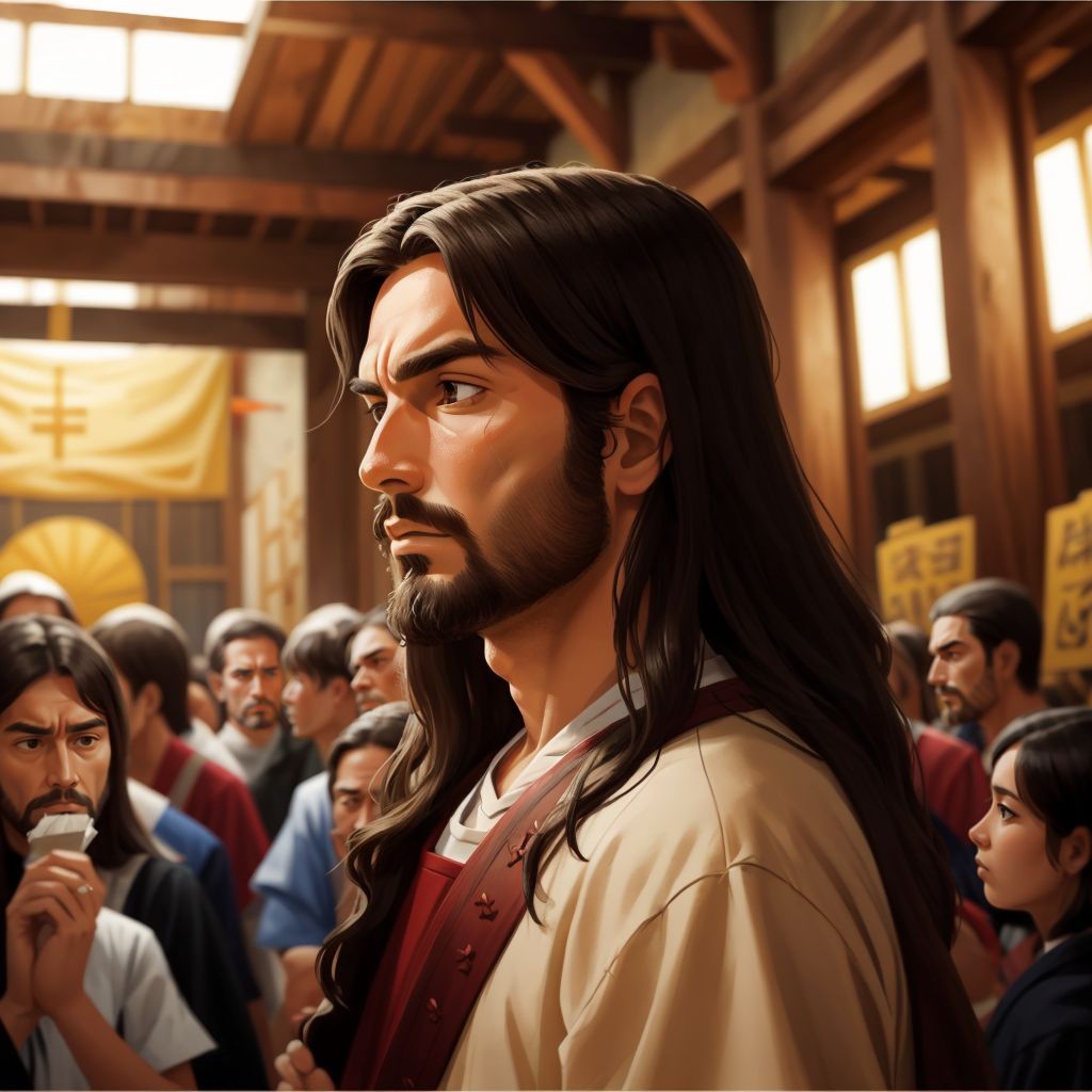 Jesus looking serious in a noisy temple filled with people selling things.