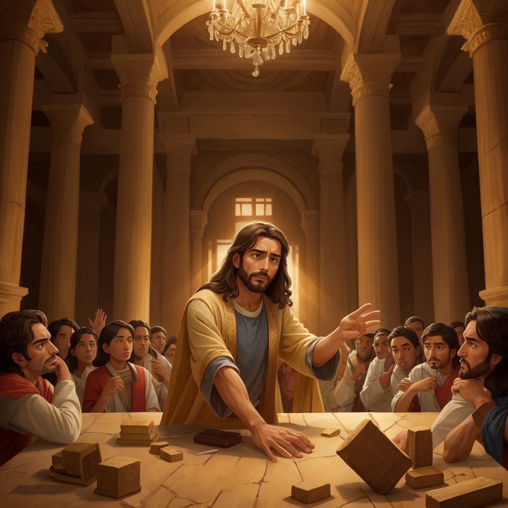 Jesus overturning tables in the temple, looking upset.