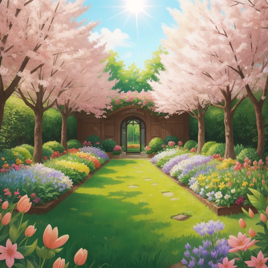 A garden in spring with blooming flowers and warm sunlight