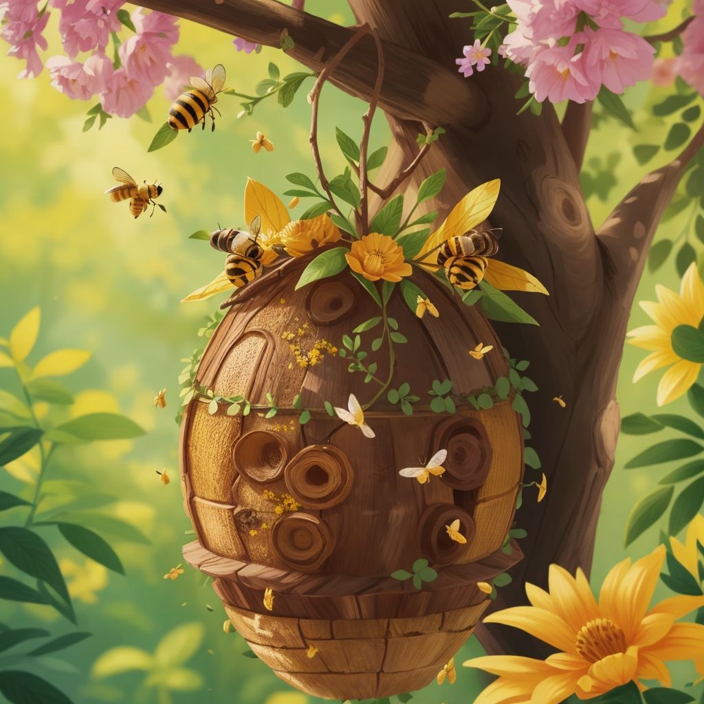 A large beehive hanging from a tree branch with bees buzzing around colorful flowers