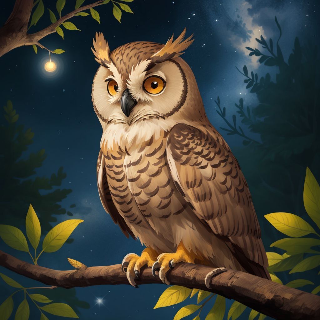 A wise-looking owl perched on a tree branch, with big eyes and ruffled feathers, against a starry night sky