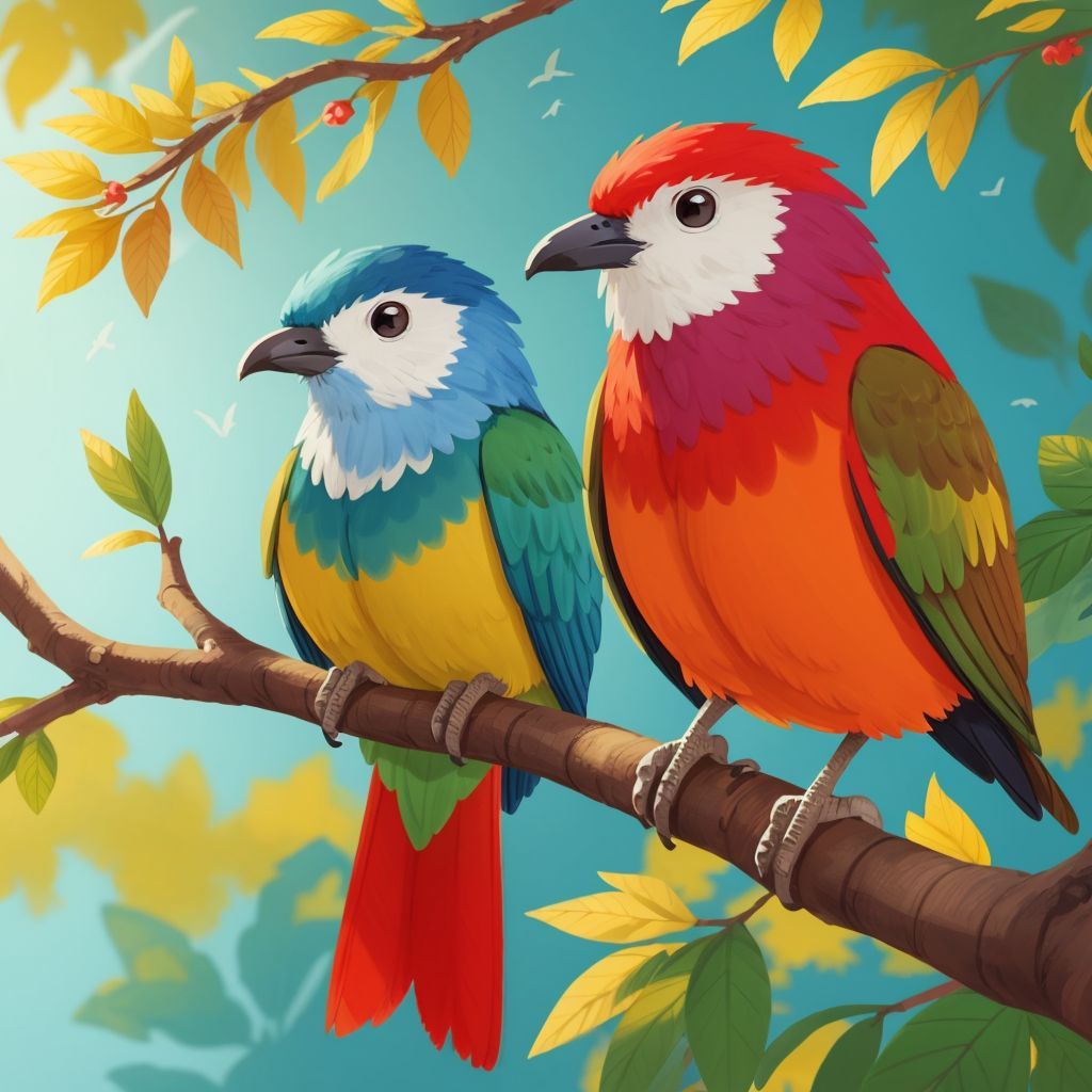 Colorful birds perched on tree branches,