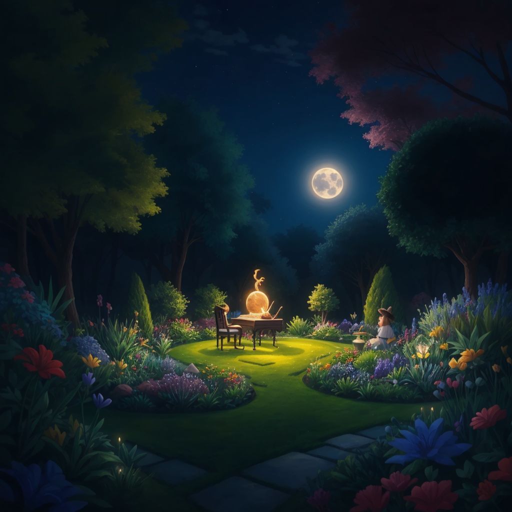 A magical garden at night, with shimmering moonbeams floating around playing various instruments.