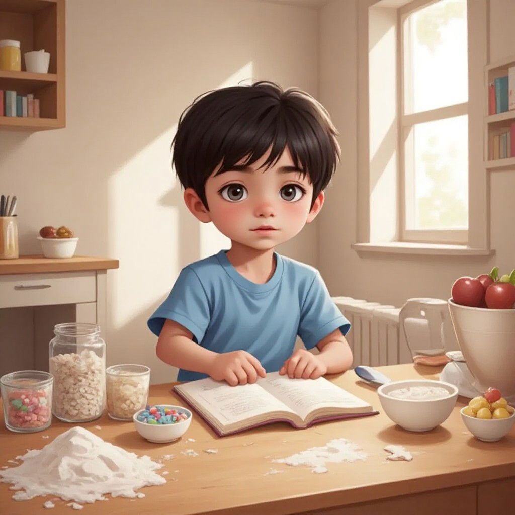 Aa Trofi reading a recipe book in a kitchen filled with baking ingredients