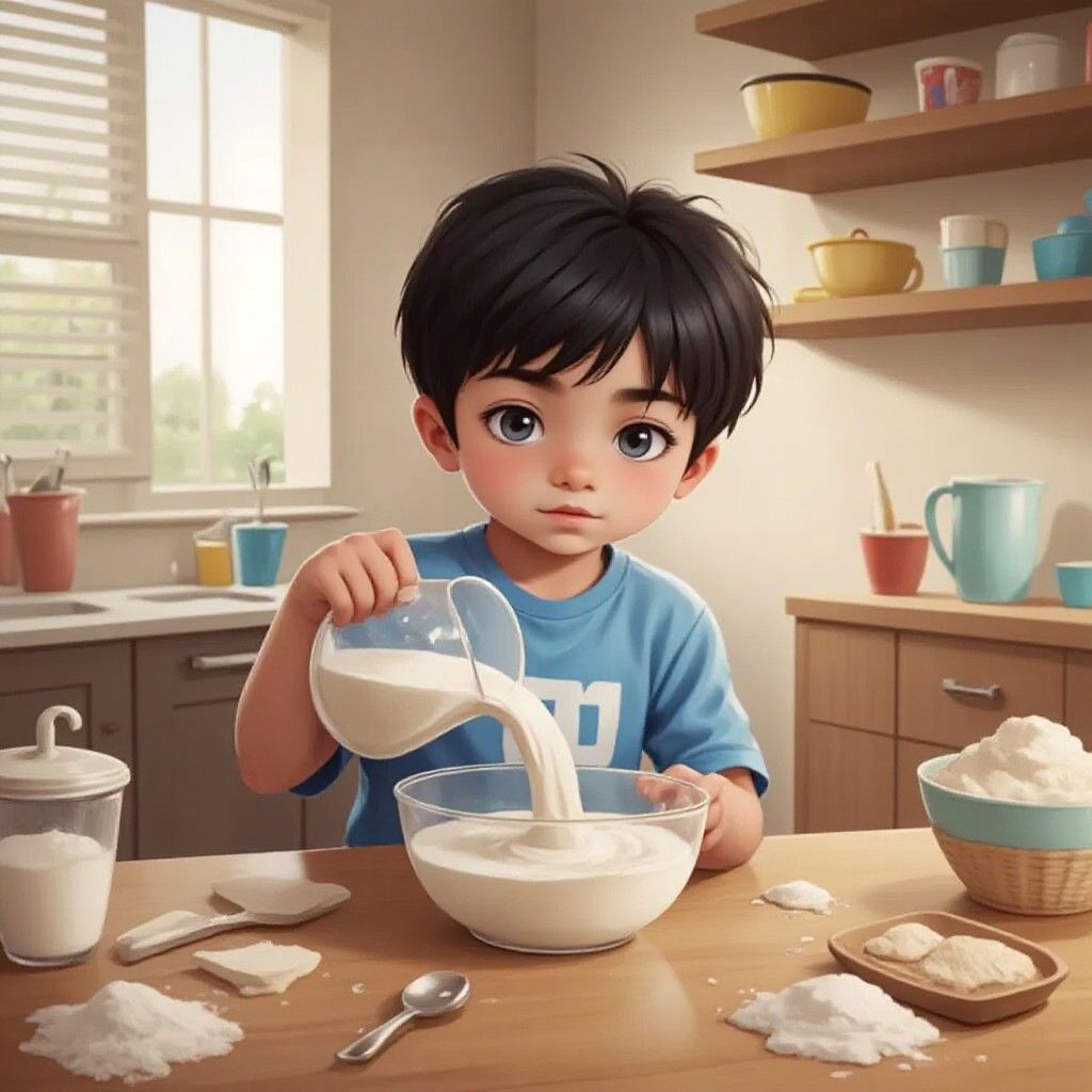 Aa Trofi pouring milk into a mixing bowl with a thoughtful expression