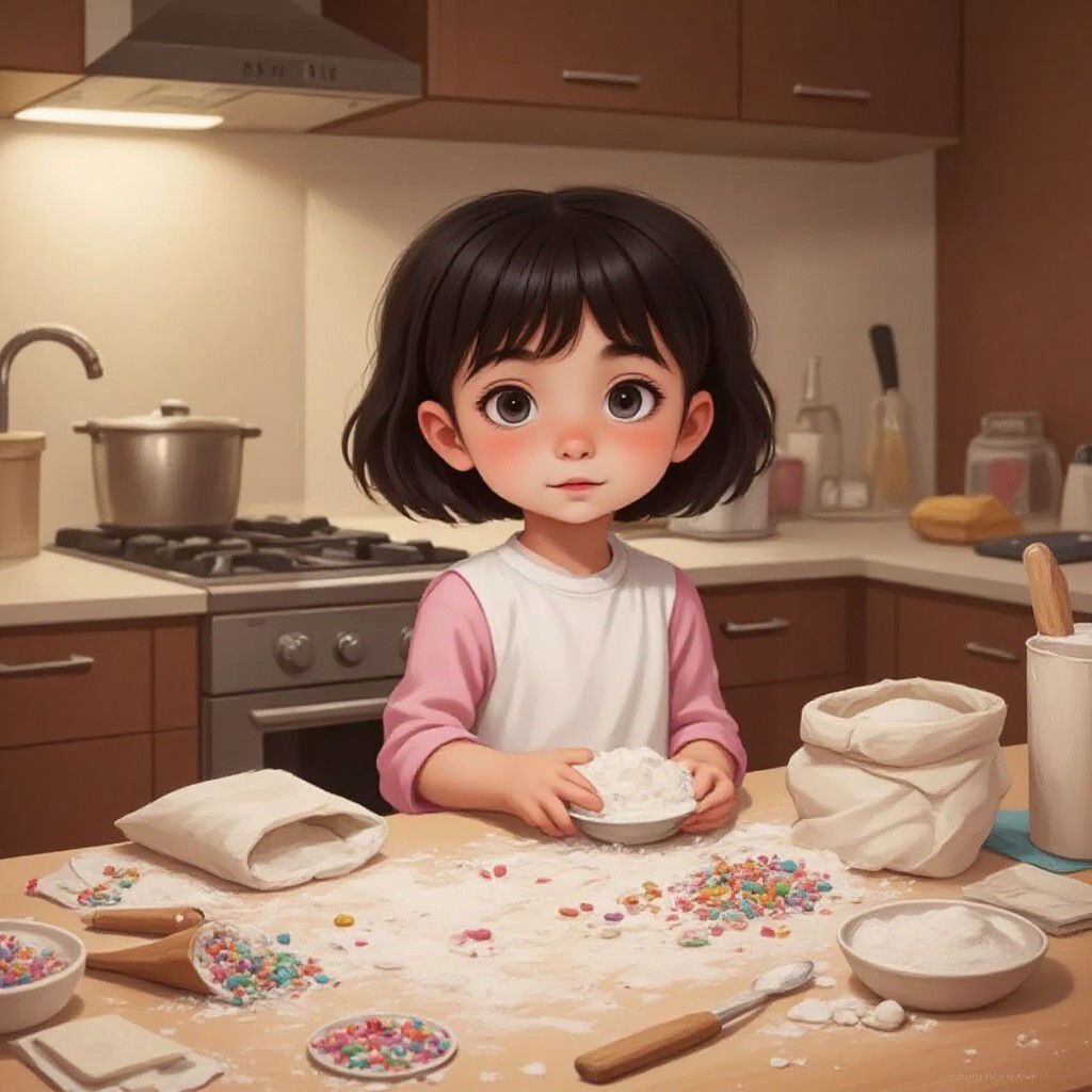 Kawistara covered in flour with a surprised expression in a messy kitchen