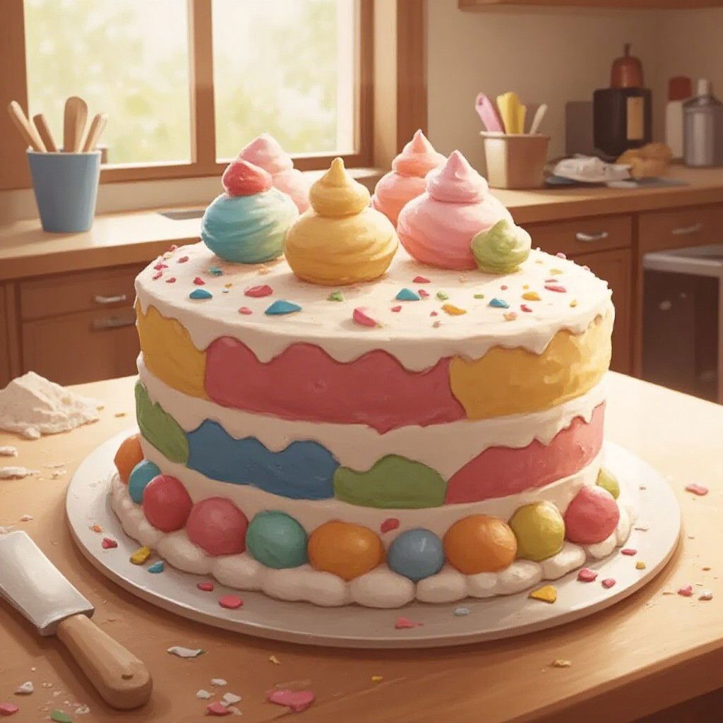 A beautifully decorated cake with colorful frosting and sprinkles on a kitchen table
