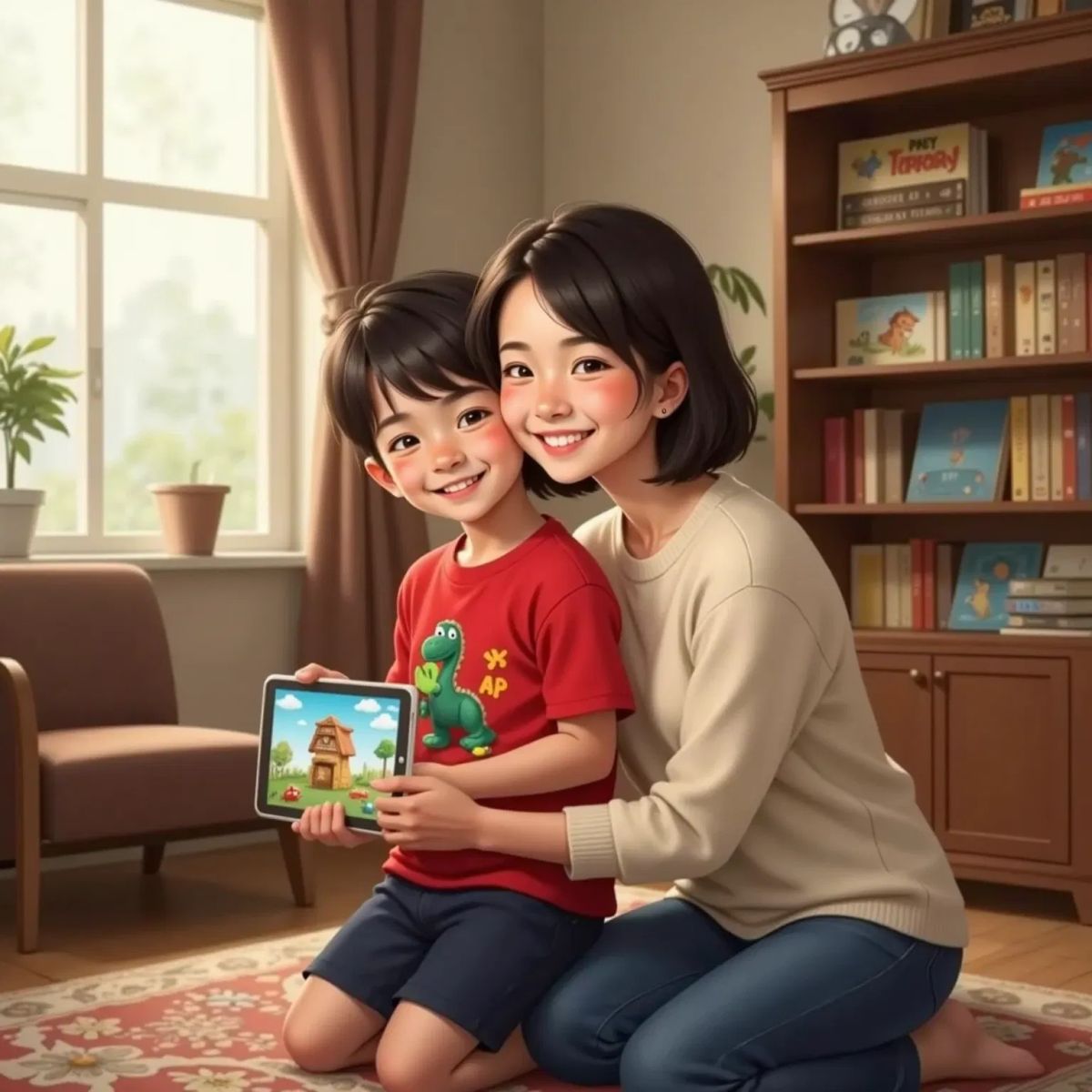 Enoch hugging a smiling white woman with dark brown hair in a cozy living room, holding an iPad. Enoch is grinning with excitement.
