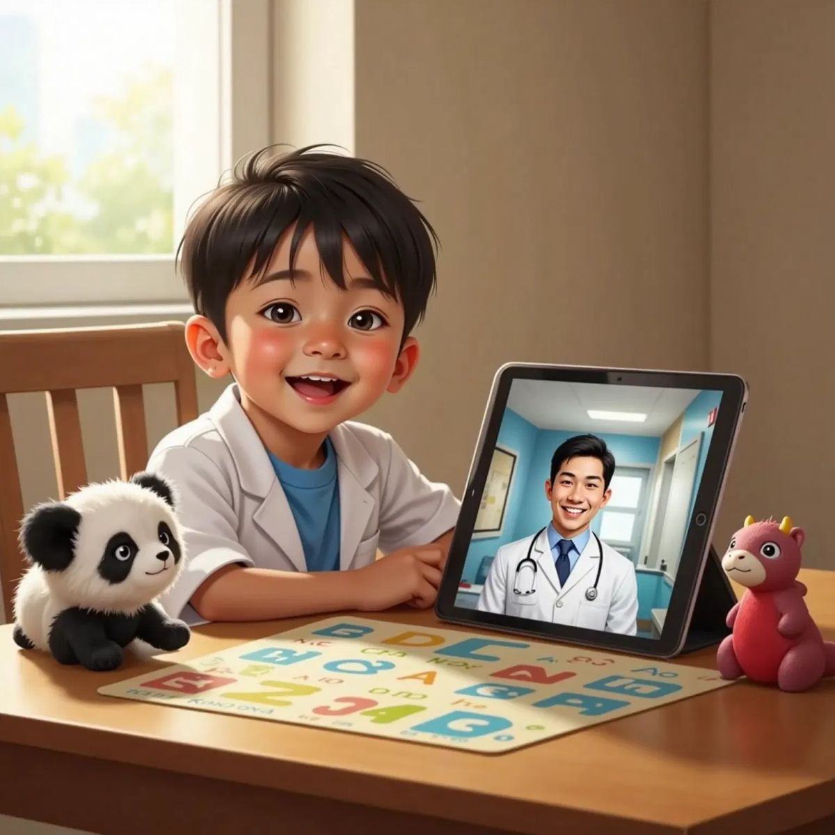 Enoch sitting at a table with an iPad showing a smiling male doctor in a white coat on the screen. Enoch looks excited and hopeful.