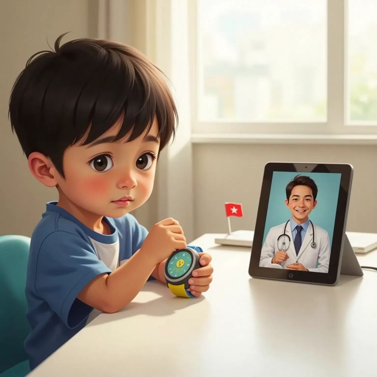 Enoch holding a small watch with two buttons labeled 'T' and 'W.' The iPad with the smiling doctor is on the table beside him.