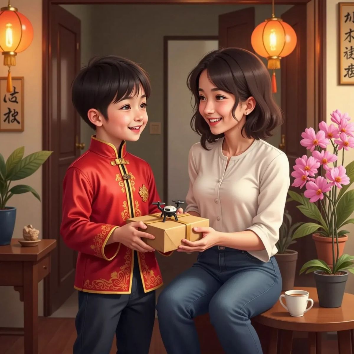 Enoch handing a gift wrapped in shiny paper to a surprised and happy white woman with dark brown hair. The small drone-watch is visible in her hand.