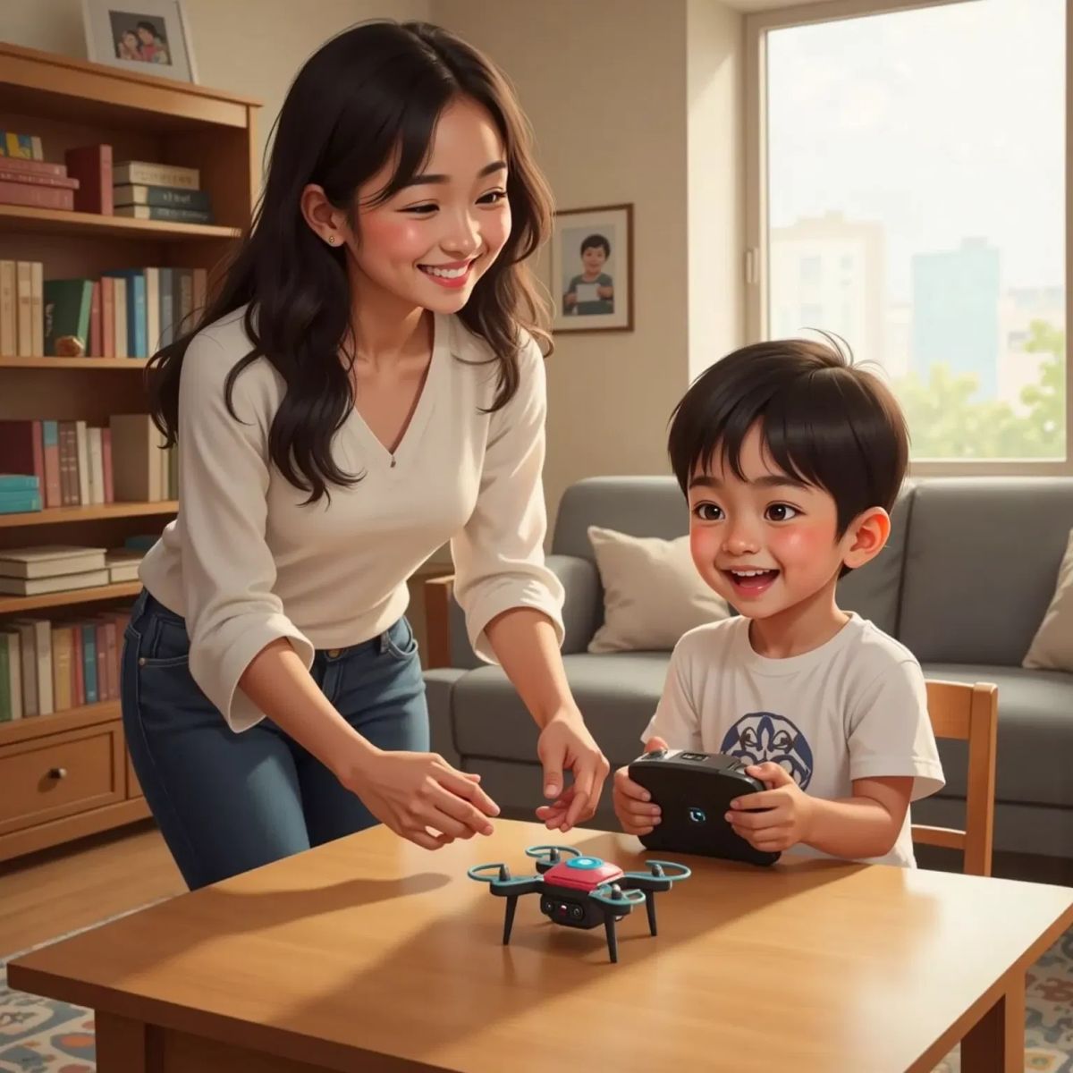 A delighted white woman with dark brown hair clapping as a small drone hovers above a living room table. Enoch is smiling and holding the 'T' button.