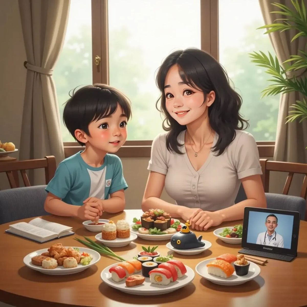 Enoch and his smiling mom sitting at a table with sushi plates. The tiny drone-submarine sits between them, and the iPad with the waving doctor is on the table.