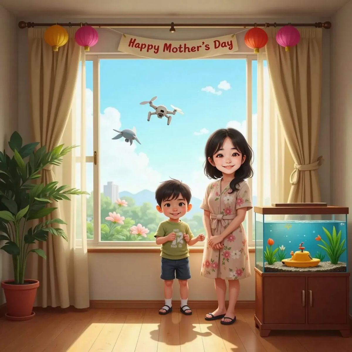 Enoch and his mom watching through a window as the small drone flies outside. A fish tank with bubbles and the tiny submarine inside is nearby.