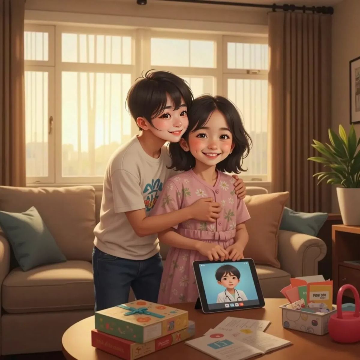 A sunset-lit living room with Enoch smiling as he hugs his mom tightly. The iPad with the winking doctor is on a table nearby.