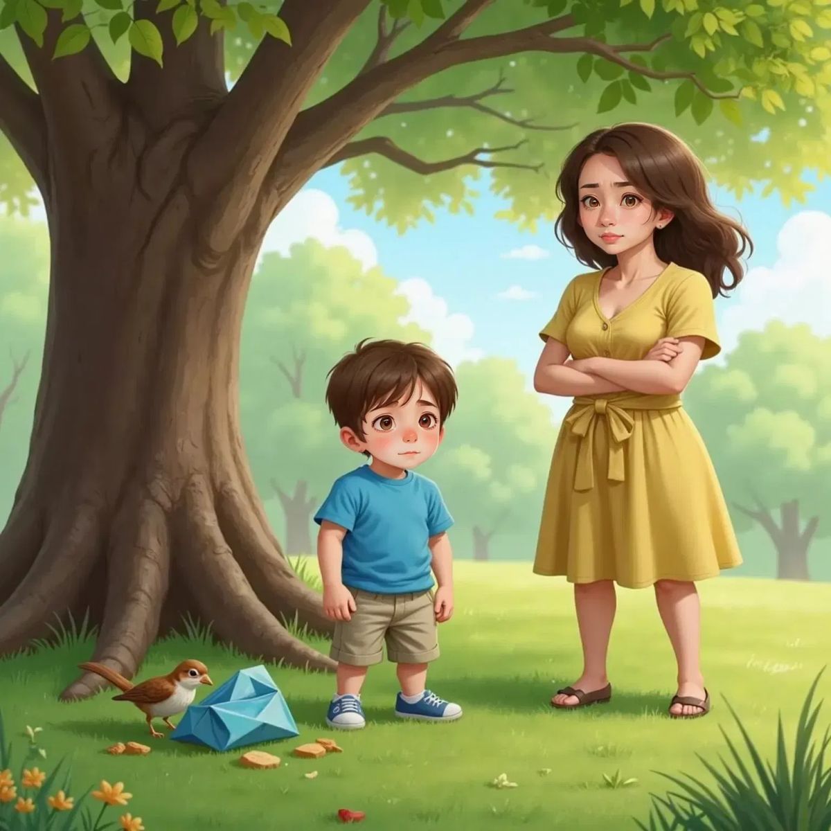 Joe, a worried 8yo boy with short brown hair, standing next to a frowning Mother, a 40yo woman with shoulder-length black hair, in a park with grass and a tree. A blue plastic snack wrapper lies on the ground with a small brown bird pecking at it.