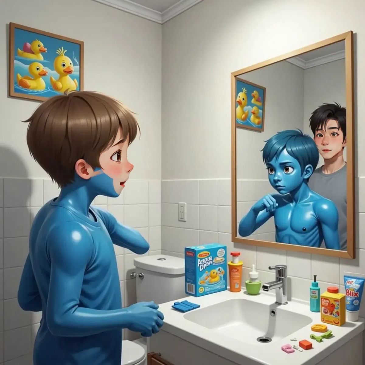 Joe, now with shiny blue plastic arms and face, staring wide-eyed at his reflection in a bathroom mirror. Dad stands behind him, looking shocked. The bathroom has white tiles and a small sink.