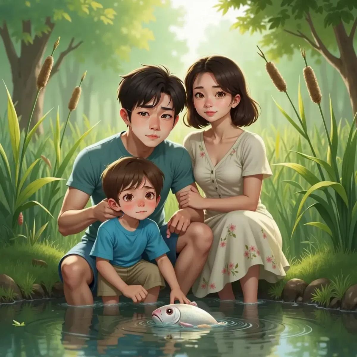 Joe and Dad, a 40yo man with short dark hair and glasses, kneeling by a pond with reeds, looking at a fish floating on its side. Mother stands behind them, hugging Joe tightly. Joe's face shows shock and worry.