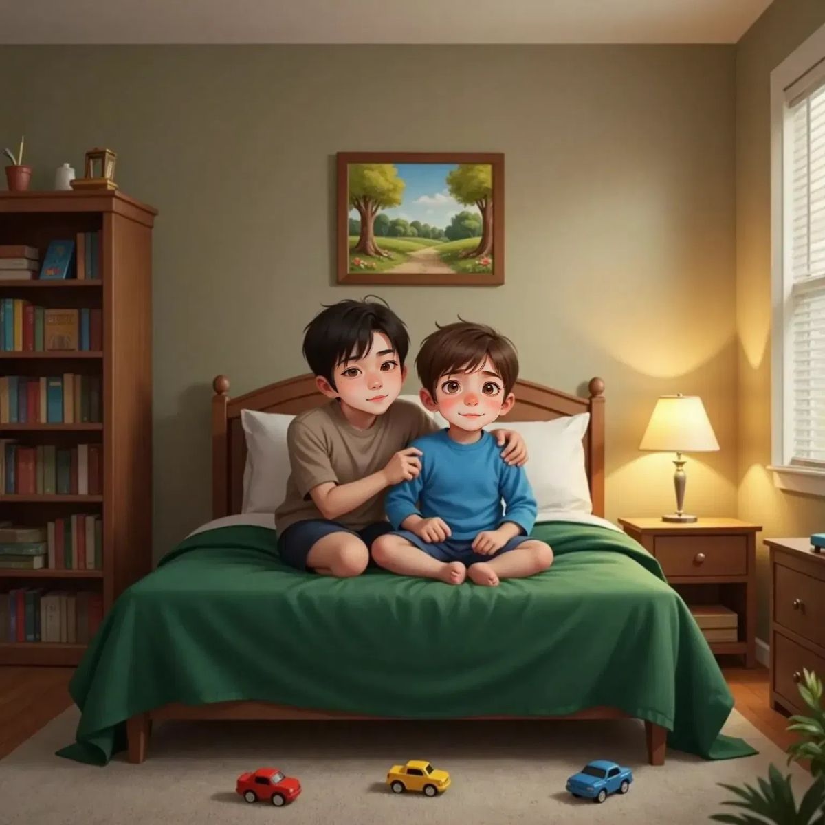 Joe, blue and shiny, sitting on his bed with a sad expression, touching his plastic face. Dad sits beside him, reassuring, in a cozy bedroom with a green blanket.