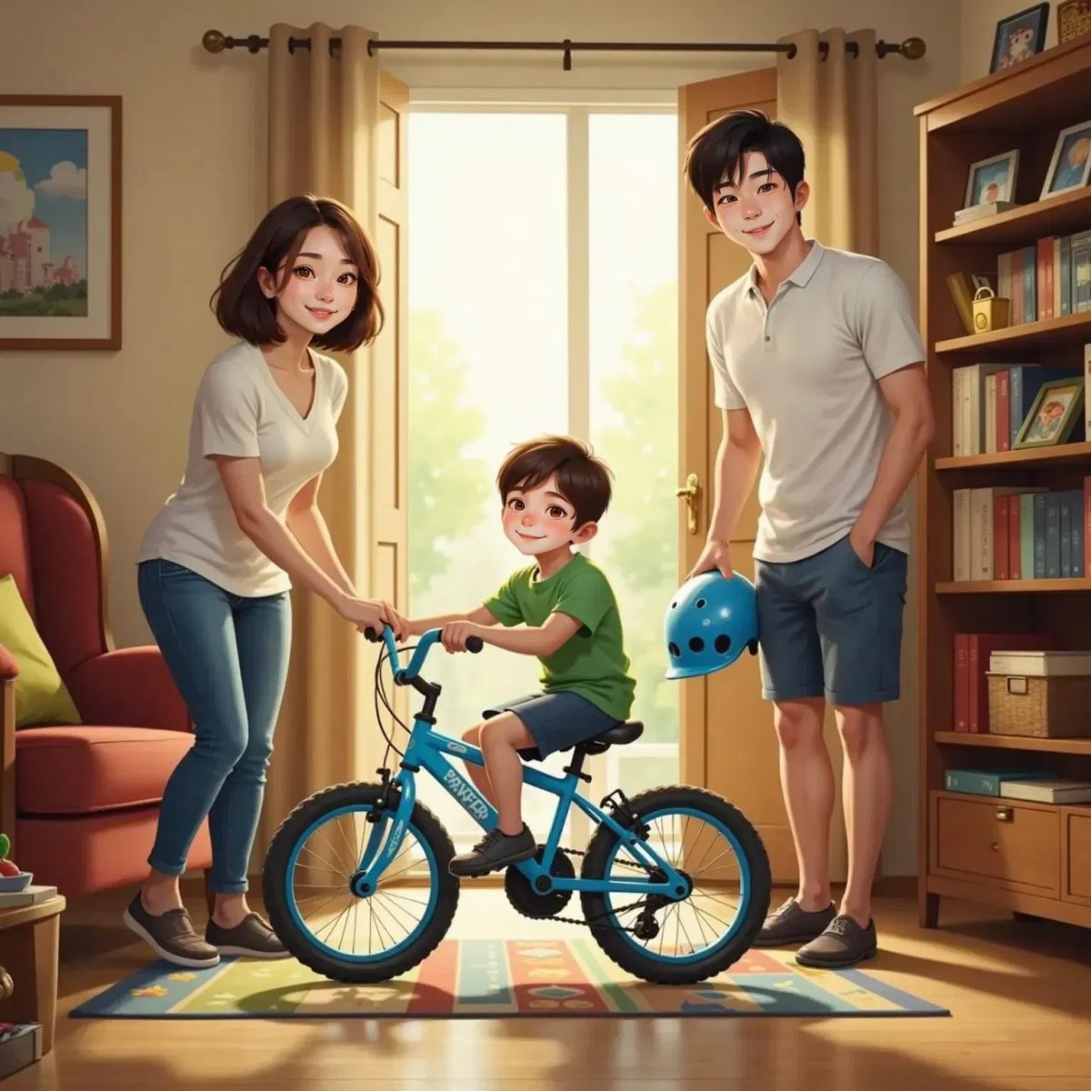 Joe, shiny blue and wearing a favorite green shirt, stands determined next to smiling Dad and Mother in the living room. Joe looks hopeful. Sunlight streams through a window.