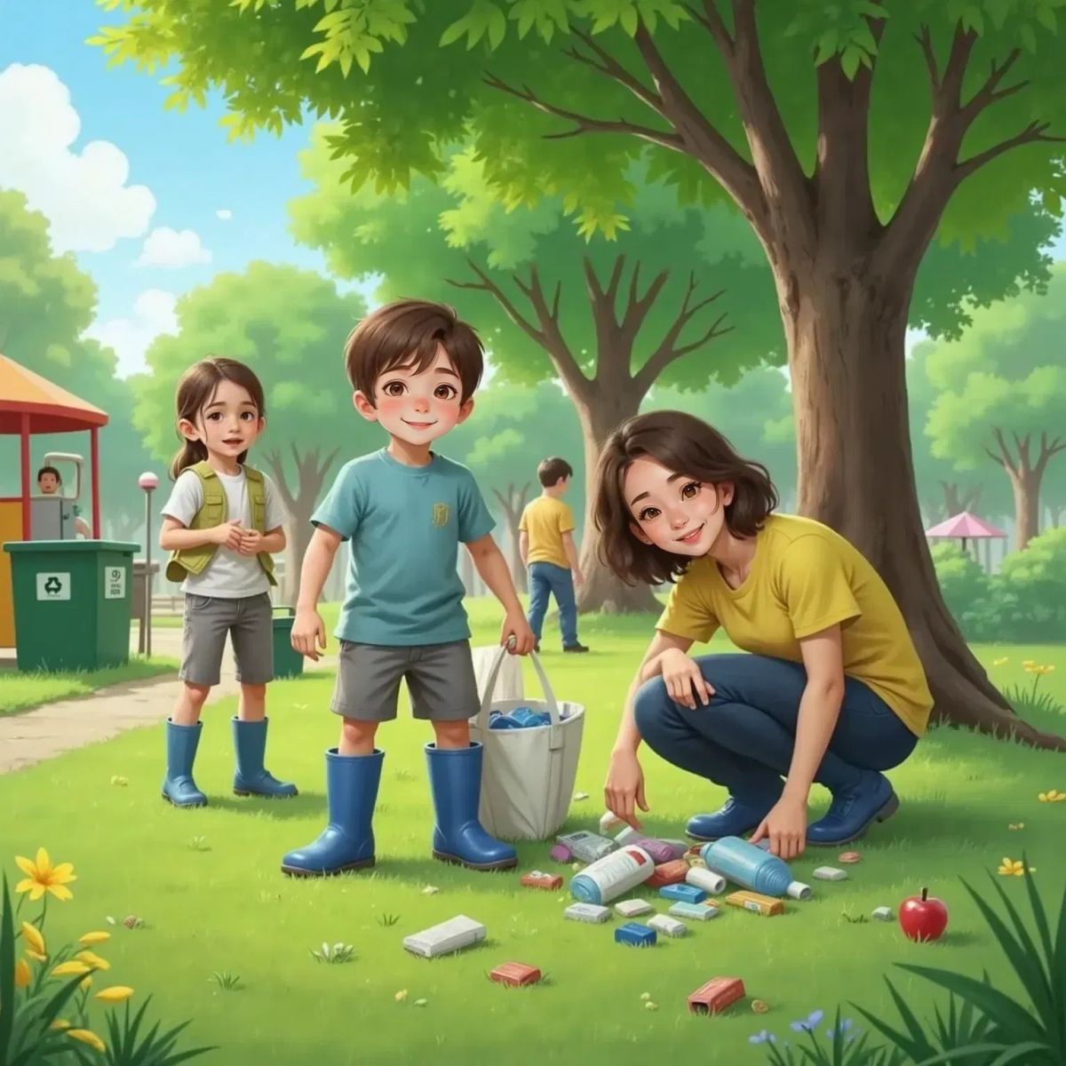 Joe, still blue and shiny, picking up plastic bottles and wrappers in a park. Mother, smiling, helps nearby. A few happy kids with bags join them, trees and a playground in the background.
