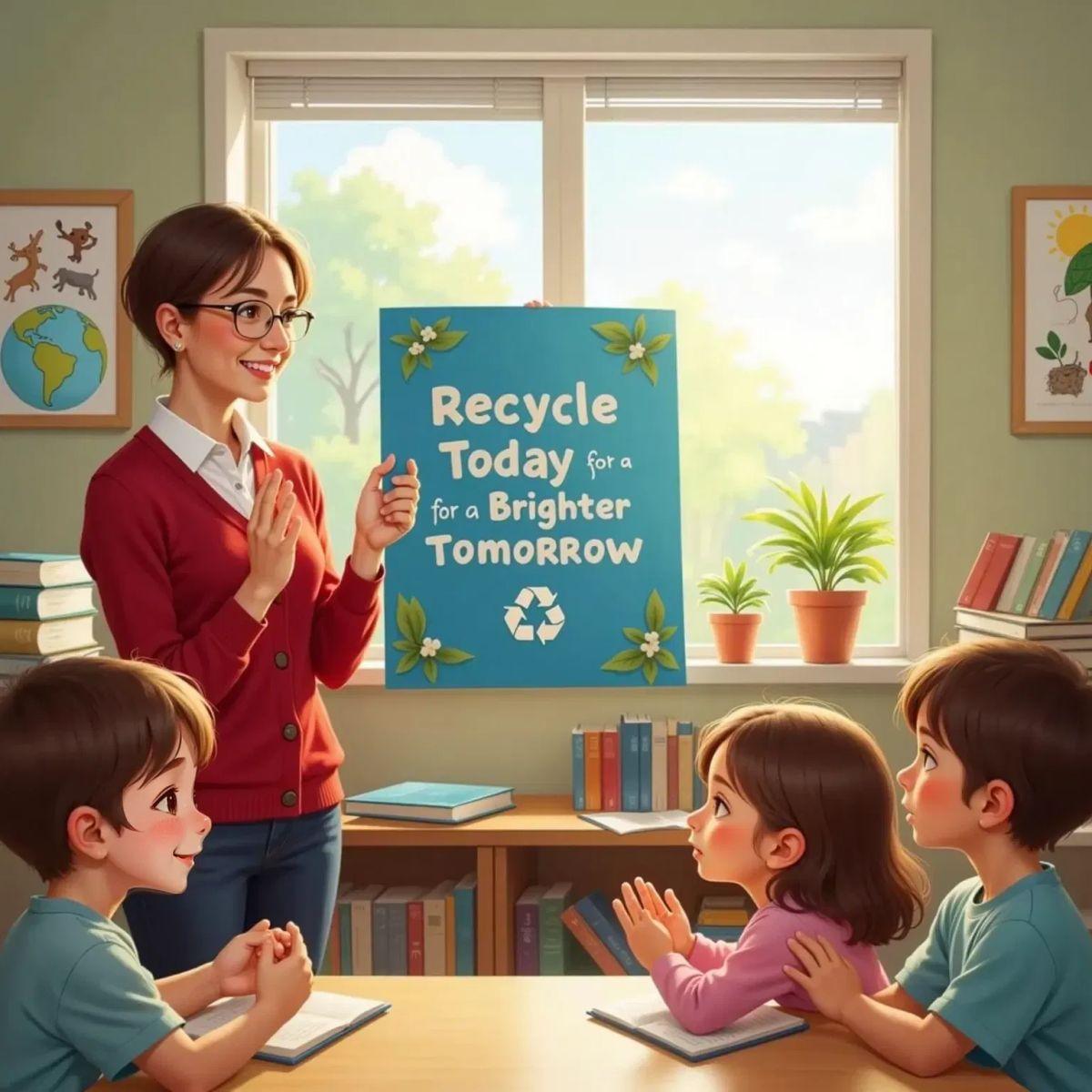 Joe, blue and shiny, stands in front of a classroom of children, holding up a recycling poster. The teacher, a smiling woman with glasses and a red cardigan, claps. The classroom has colorful drawings on the wall.