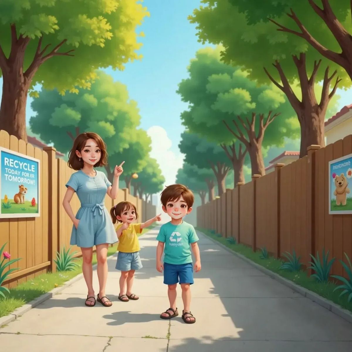Joe, blue and shiny, walking down a neighborhood street lined with trees. Kids point at colorful recycling posters on fences. Mother stands nearby, winking proudly at Joe.
