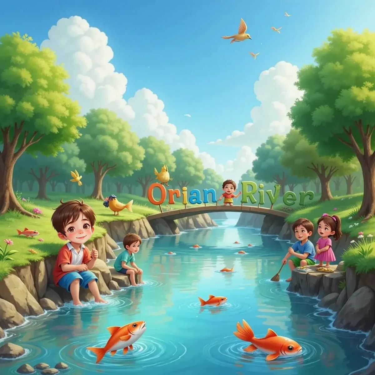 Joe, smiling, dreams of a sparkling clean river with happy fish and birds. Children and birds clean the riverbank together under a bright blue sky.